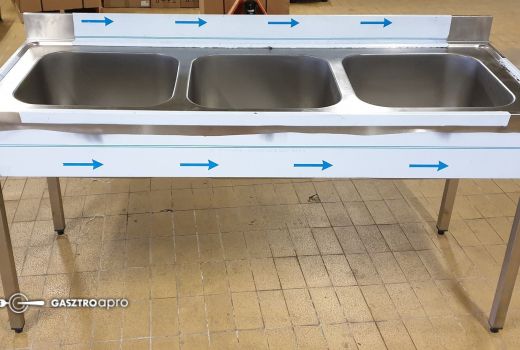 Új inox fóliás 3 medencés ipari nagy konyhai mosogató 40x40x30cm-es medencékkel
