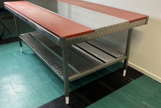 Rozsdamentes acél, húsipari töltőasztal, bontóasztal 2000x1200 mm (Használt)